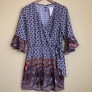 Little Lies | NWT Paisley Print Boutique Ruffle Bell Sleeve Faux Wrap Romper M/L